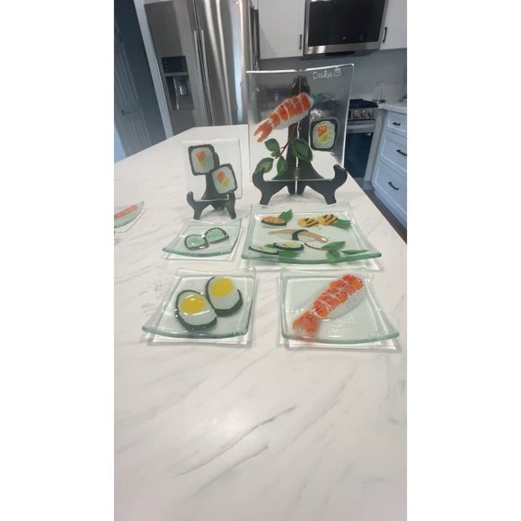 6Pc Duree Designs SUSHI Art Glass Serving Platter Plates Small Appetizer Dishes - Picture 2 of 8